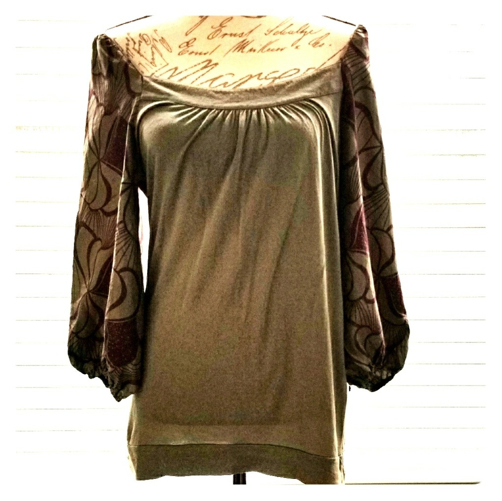 Flounce Olive Floral Blouse Silk Blend 3/4 Sleeve